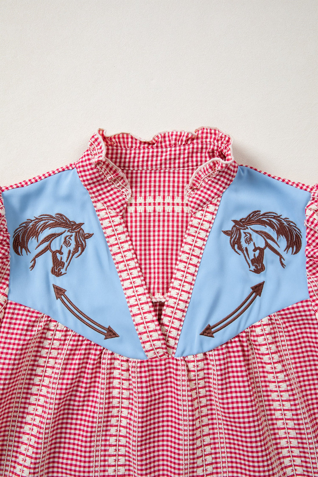 Red Western Pony Embroidered Yoke Puff Sleeve Gingham Blouse